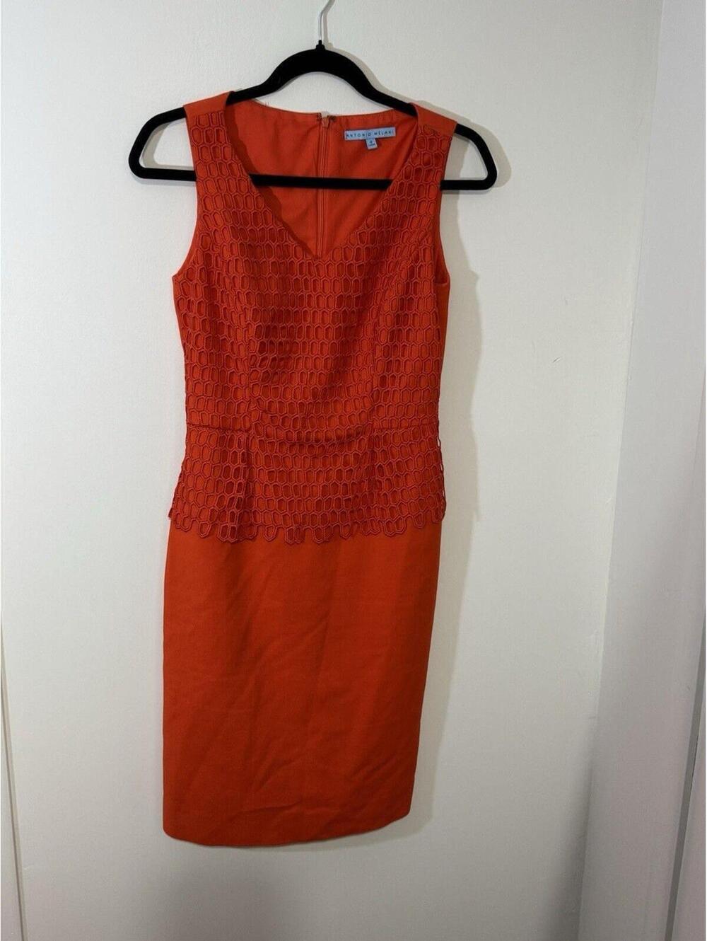 Antonio Melani Orange Sheath Dress V-Neck Sleeveless Embroidered Zip Size 2